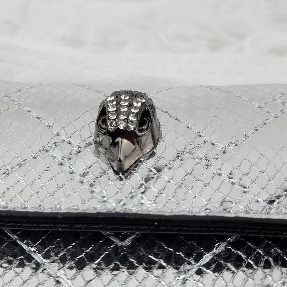 Designer Micro Mini Purse Metallic Sliver Quilt Crossbody 24" Chain Bag Eagle - Picture 7 of 11